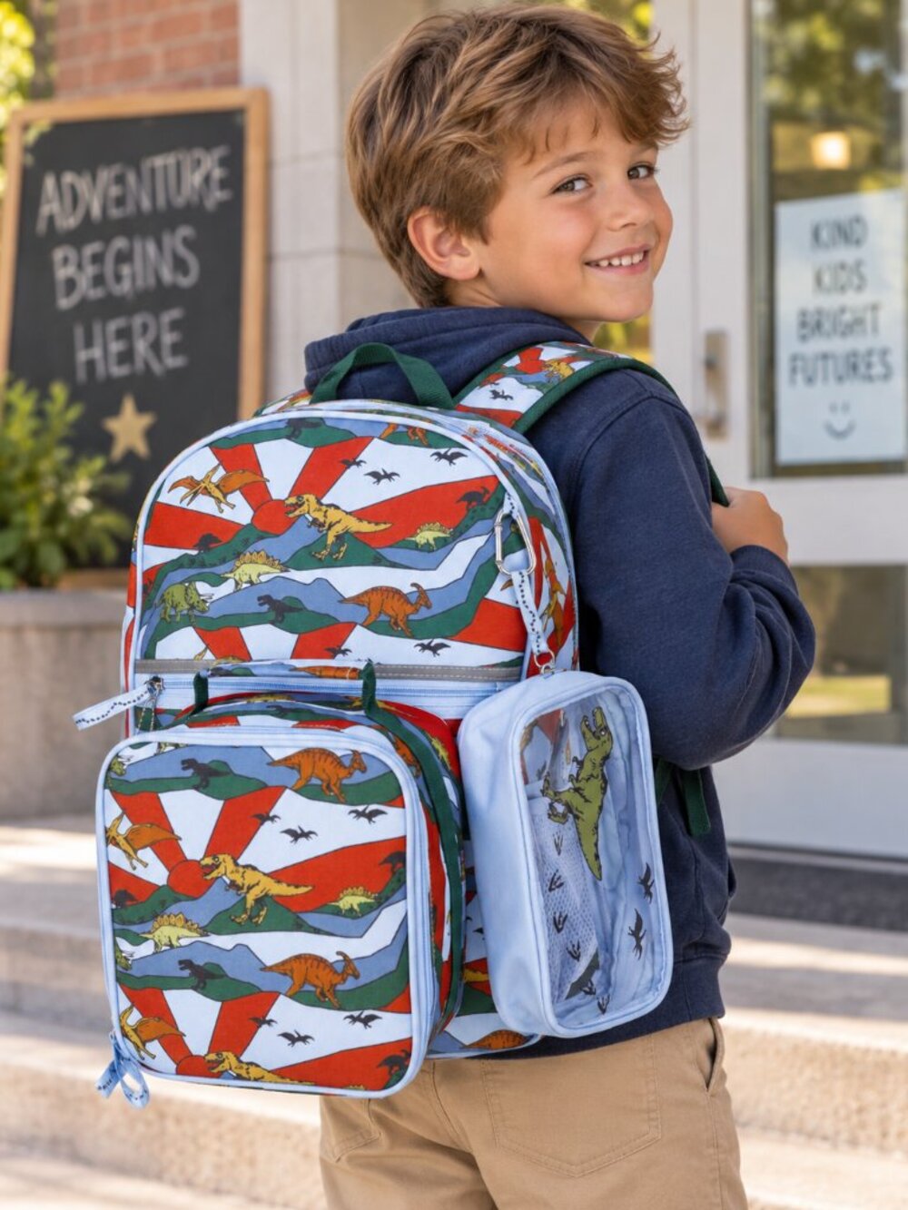 Wonder Nation Dino World Backpack 17" 3 Piece Set Lunch Bag Pouch Kids School